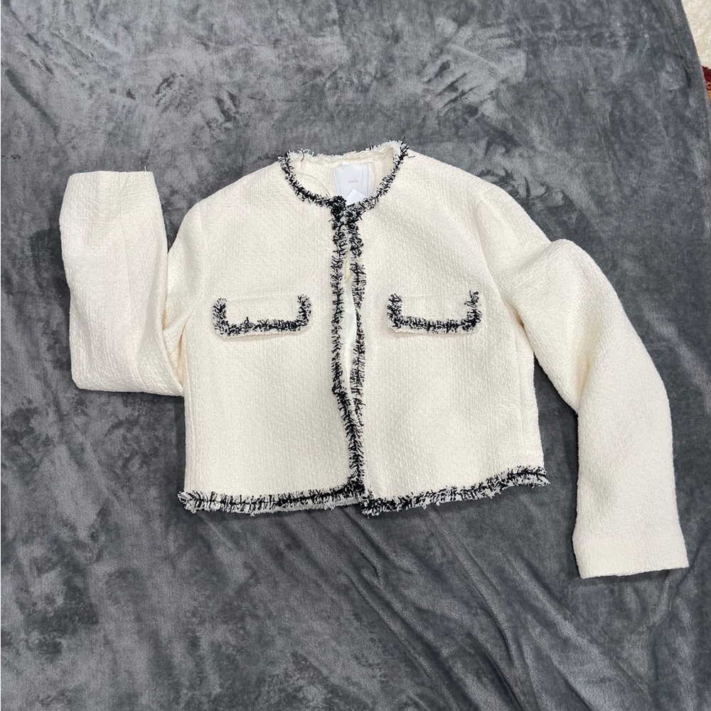 Mango White and Black Tweed Blazer
